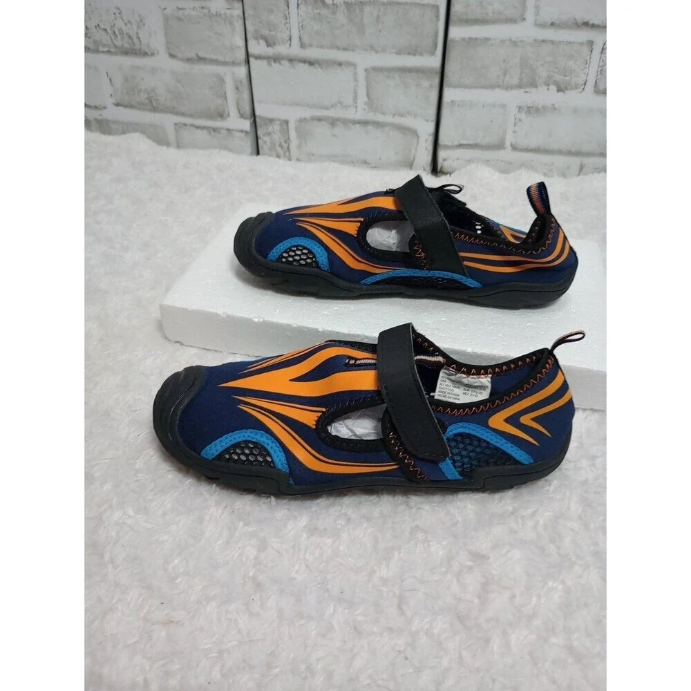 Boys Water Shoes DARK BLUE w/ ORANGE & TURQUOISE DESIGN River Beach Swim L 2-3